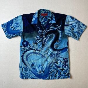 Fab Exchange Dragon Button Up Shirt Mens Medium Blue Asian‎ Graphic